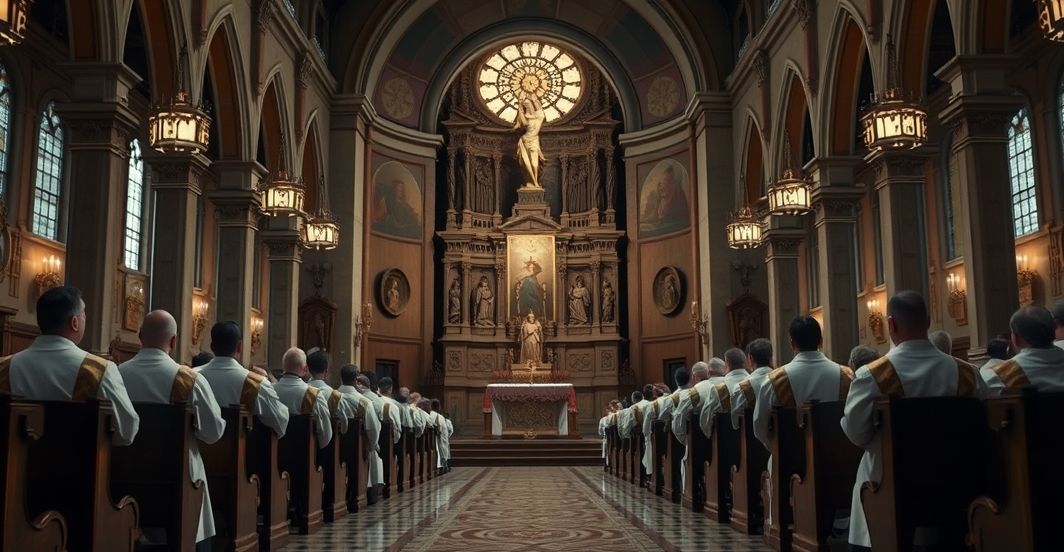 Tradycyjna scena kościelna z kapłanami modlącymi się przed ołtarzem, symbolizująca powagę i sąd Boży, krytyczna wobec modernistycznej interpretacji wiary