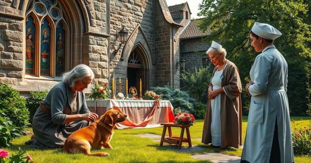 Realistyczne zdjęcie ukazujące sceny krytyczne wobec współczesnej religii katolickiej, z podkreśleniem dewastacji sakrum i zaniku prawdziwej wiary, odzwierciedlające krytykę posoborowych zmian.