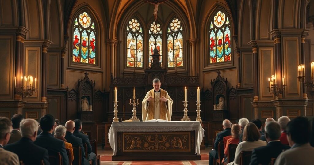 Religijna scena liturgiczna z kapłanem, ołtarzem i krzyżem, symbolizująca wierne nauki Kościoła katolickiego w kontekście krytyki światowych trendów i zła relatywizmu
