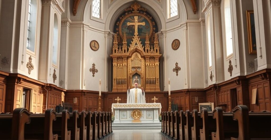 Fotografia realistycznej, pełnej szacunku sceny liturgicznej w tradycyjnej katedrze katolickiej, z kapłanem sprawującym Eucharystię przy ołtarzu