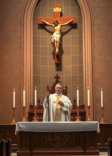 Reverentna scena liturgiczna z kapłanem przy ołtarzu, symbolizująca królewską władzę Chrystusa w kościele katolickim