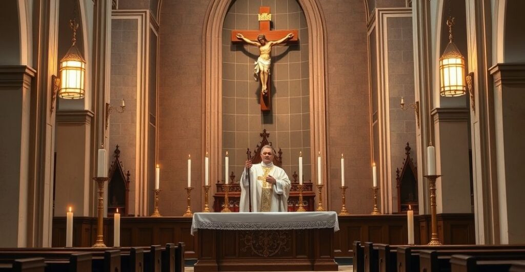 Reverentna scena liturgiczna z kapłanem przy ołtarzu, symbolizująca królewską władzę Chrystusa w kościele katolickim