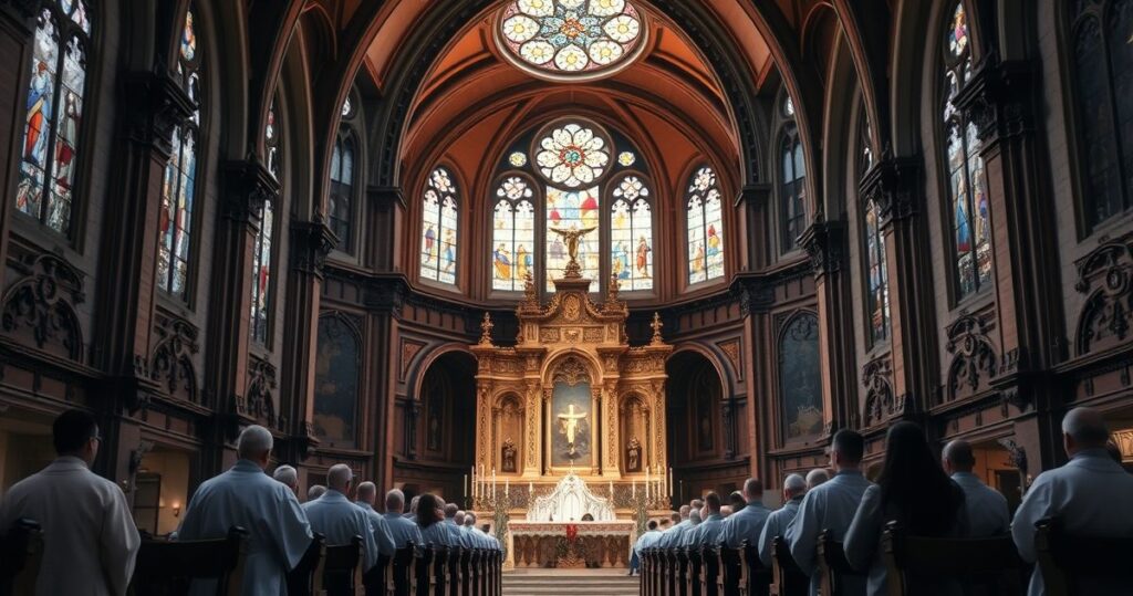 Obraz realistycznej, pełnej szacunku sceny liturgicznej w katolickim kościele, ukazujący kapłana i Eucharystię podczas Mszy św., odzwierciedlający powagę i tradycję katolicką.
