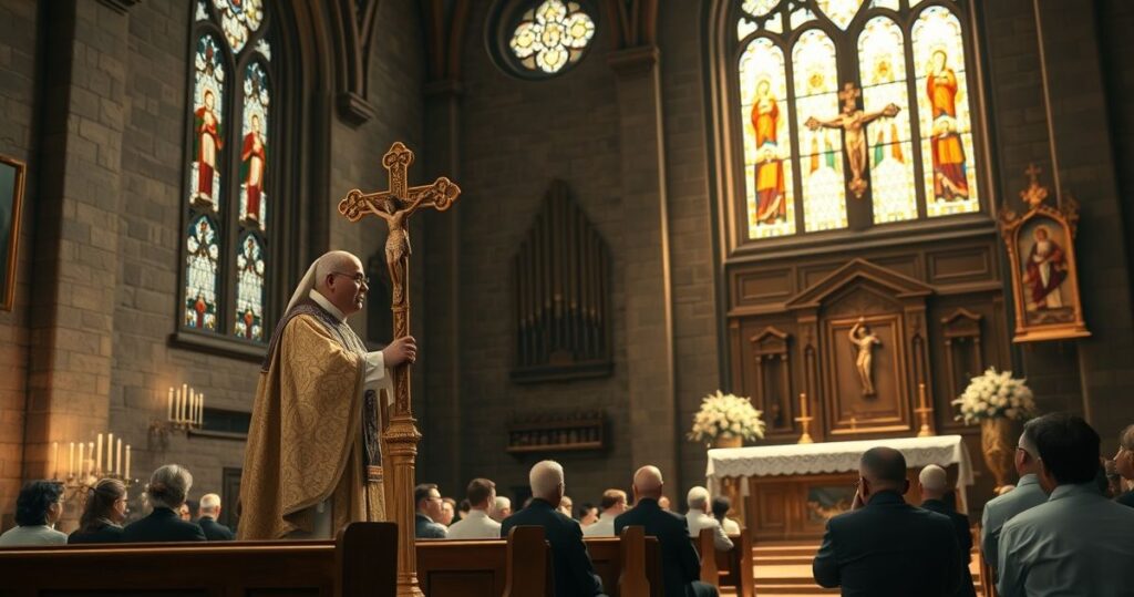 Szczera, pełna szacunku scena katolicka w kościele z kapłanem podczas liturgii, modlący się wierni w tradycyjnych strojach
