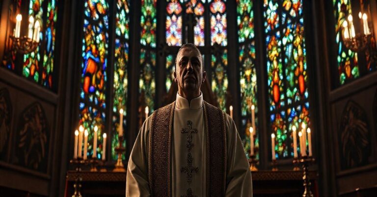 Rekonstrukcja sceny liturgicznej z kapłanem przed ołtarzem, wyrażająca czciwą i poważną atmosferę w katolickim stylu.