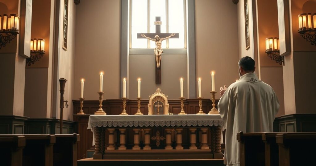 Scena liturgiczna w tradycyjnym kościele katolickim z krzyżem, świecami i kapłanem podczas Eucharystii, oddająca hołd Chrystusowi jako Królowi Narodów