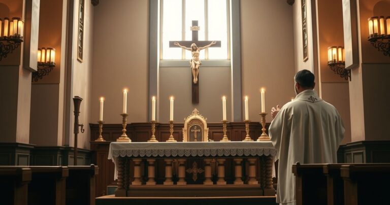 Scena liturgiczna w tradycyjnym kościele katolickim z krzyżem, świecami i kapłanem podczas Eucharystii, oddająca hołd Chrystusowi jako Królowi Narodów
