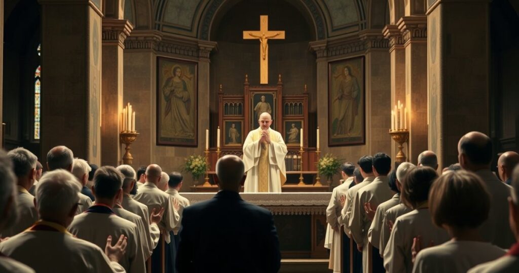 Scena liturgiczna katolicka z kapłanem w tradycyjnych szatach przy ołtarzu, modlący się wierni, wyraz pełnego szacunku i wiernej kontynuacji tradycji przed modernistycznymi wpływami