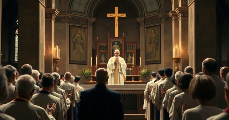 Scena liturgiczna katolicka z kapłanem w tradycyjnych szatach przy ołtarzu, modlący się wierni, wyraz pełnego szacunku i wiernej kontynuacji tradycji przed modernistycznymi wpływami