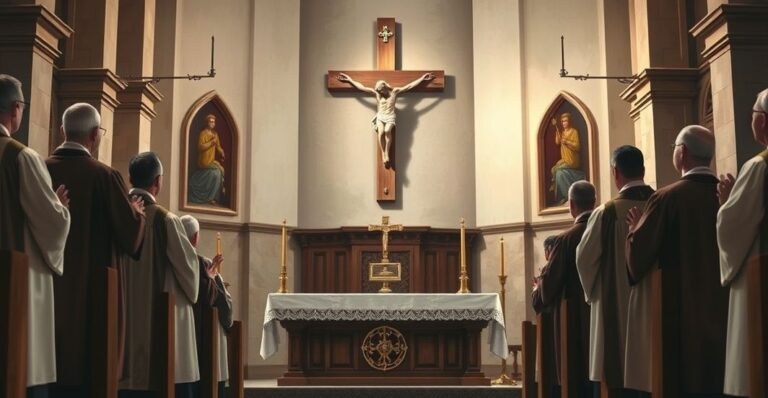 Tradycyjna scena katolicka z ołtarzem i kapłanami w vestmentach, symbolizująca wierną i poważną eucharystyczną liturgię, bez nowoczesnych elementów.