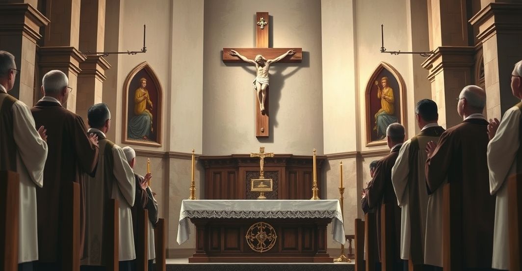 Tradycyjna scena katolicka z ołtarzem i kapłanami w vestmentach, symbolizująca wierną i poważną eucharystyczną liturgię, bez nowoczesnych elementów.