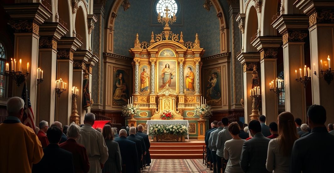 Scena liturgiczna w tradycyjnym kościele katolickim z kapłanem i wiernymi, podkreślająca szacunek i pobożność