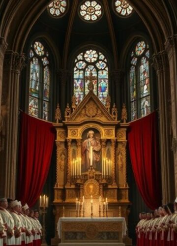 Scena liturgiczna w tradycyjnej katolickiej świątyni Scena religijna w tradycyjnej katolickiej świątyni z księdzem i chórem podczas liturgii, wyrażająca powagę i duchową głębię, krytyczna wobec nowoczesnych zmian w liturgii
