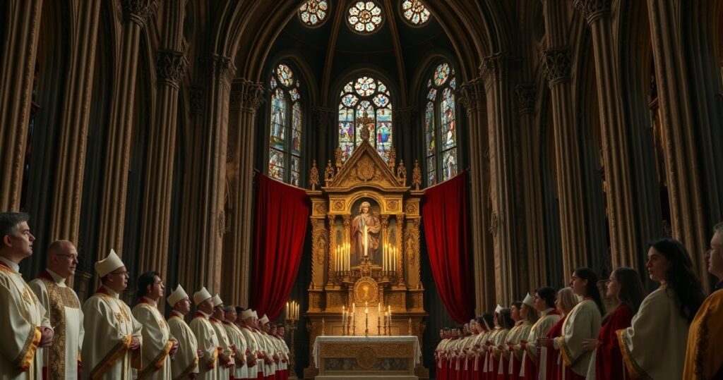 Scena religijna w tradycyjnej katolickiej świątyni z księdzem i chórem podczas liturgii, wyrażająca powagę i duchową głębię, krytyczna wobec nowoczesnych zmian w liturgii