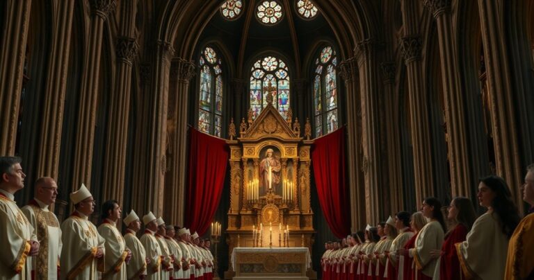 Scena religijna w tradycyjnej katolickiej świątyni z księdzem i chórem podczas liturgii, wyrażająca powagę i duchową głębię, krytyczna wobec nowoczesnych zmian w liturgii