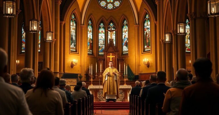 Reverentna scena Mszy Świętej w katolickim kościele, kapłan w tradycyjnym ornacie, wierni w modlitwie, ukazująca duchową powagę i oddanie religii katolickiej.
