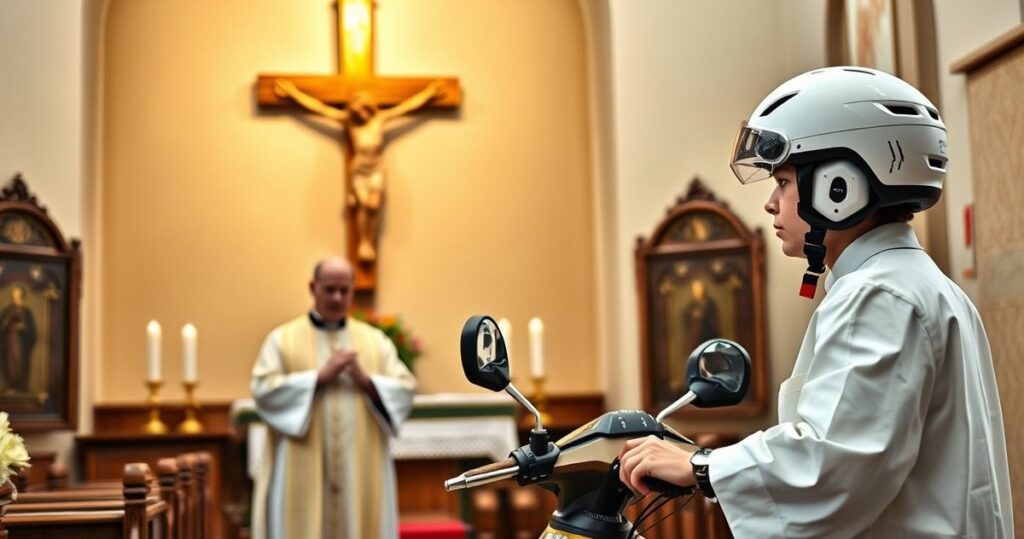 Rewersyjna scena katolicka z kapłanem modlącym się przed krzyżem, młody człowiek na hulajnodze elektrycznej w tle, ukazująca moralny i duchowy wymiar wypadków, odwołująca się do wartości sakramentu i odpowiedzialności moralnej