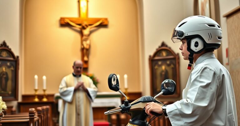 Rewersyjna scena katolicka z kapłanem modlącym się przed krzyżem, młody człowiek na hulajnodze elektrycznej w tle, ukazująca moralny i duchowy wymiar wypadków, odwołująca się do wartości sakramentu i odpowiedzialności moralnej