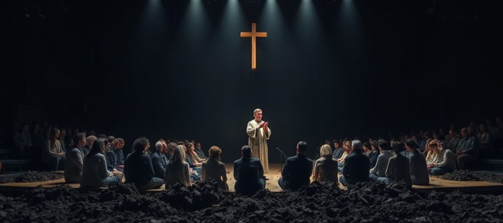 Scena z przedstawienia 'Prowadź swój pług przez kości umarłych' w Teatrze Narodowym w Warszawie. Widzowie siedzą na scenie wśród błota i torfu. Nad nimi góruje ambona z księdzem wygłaszającym demagogiczne kazanie.