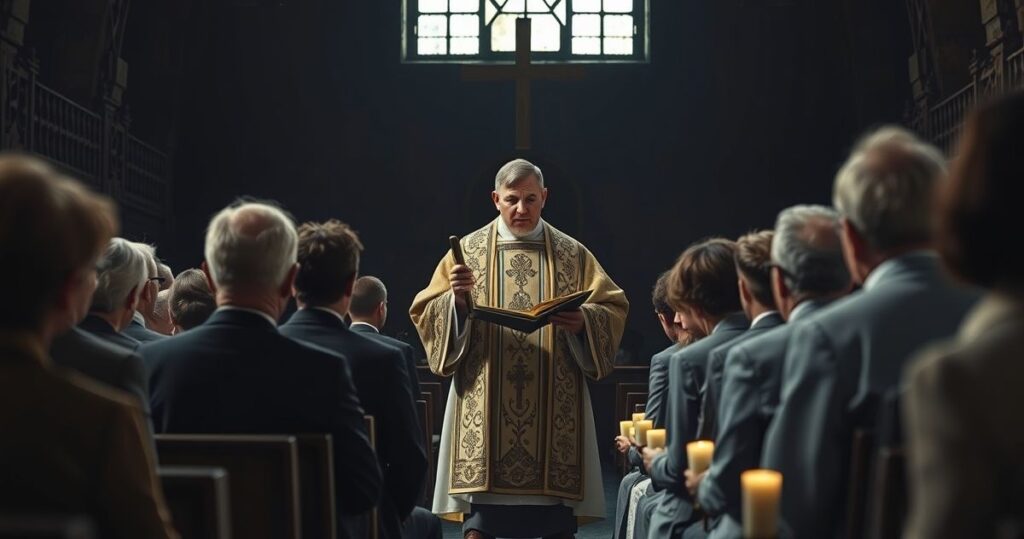 Reverentny katolicki obrzęd upamiętniający ofiary Jawischwitz bez nadprzyrodzonych symboli, ukazujący modlitwę i pokutę przed krzyżem w autentycznej, realistycznej scenie.