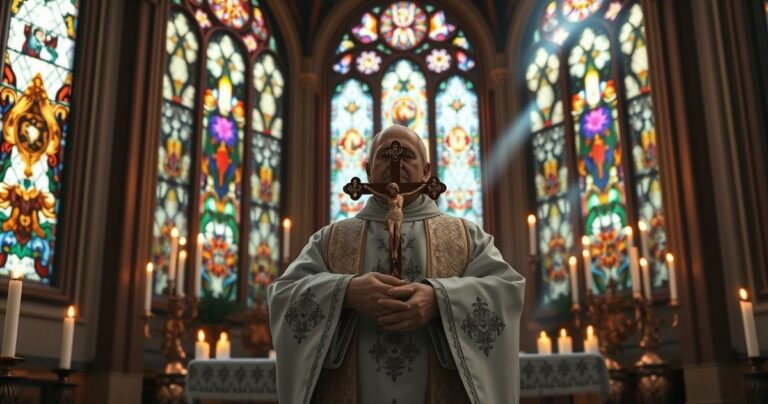 Rewerentna scena katolicka z kapłanem trzymającym krucyfiks przed ołtarzem, symbolizująca wiarę i moralność, w naturalnym świetle witraży.