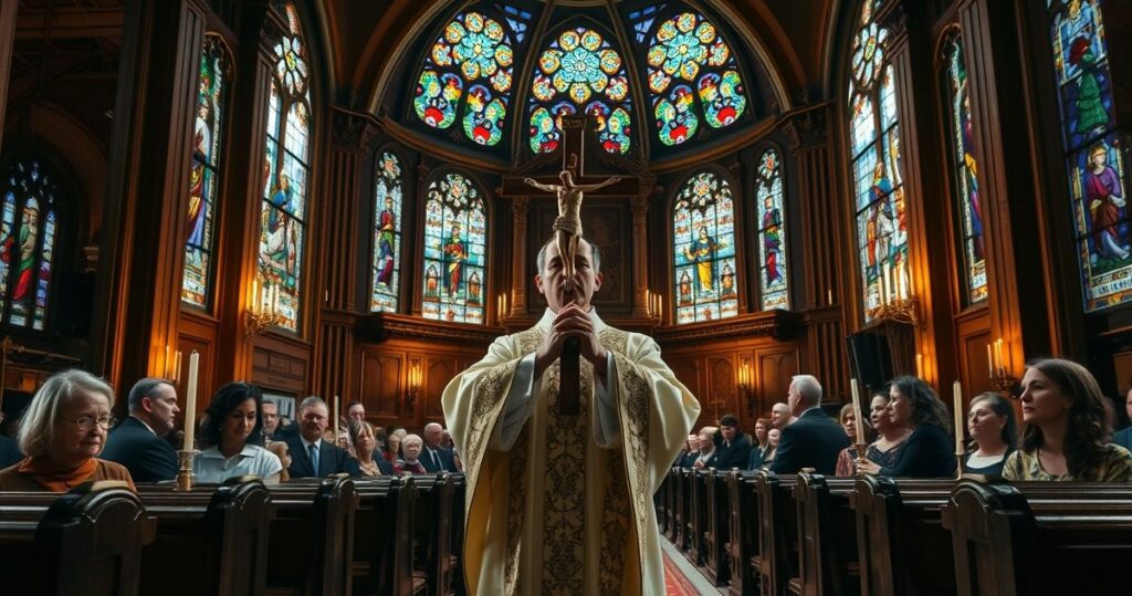 Rekonstrukcja tradycyjnej katolickiej sceny w kościele, ukazująca duchowieństwo i wiernych wiernych naukom Kościoła, krytykującą modernistyczne tendencje