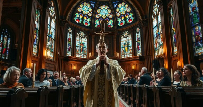 Rekonstrukcja tradycyjnej katolickiej sceny w kościele, ukazująca duchowieństwo i wiernych wiernych naukom Kościoła, krytykującą modernistyczne tendencje