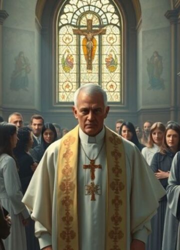 Scena katolicka ukazująca kontrowersje wokół męczeństwa i modernistycznej propagandy Reverentna scena katolicka w tradycyjnym kościele, ukazująca księdza i wiernych w poważnej modlitwie, symbolizująca krytykę nowoczesnych odchyleń od prawdziwej wiary katolickiej