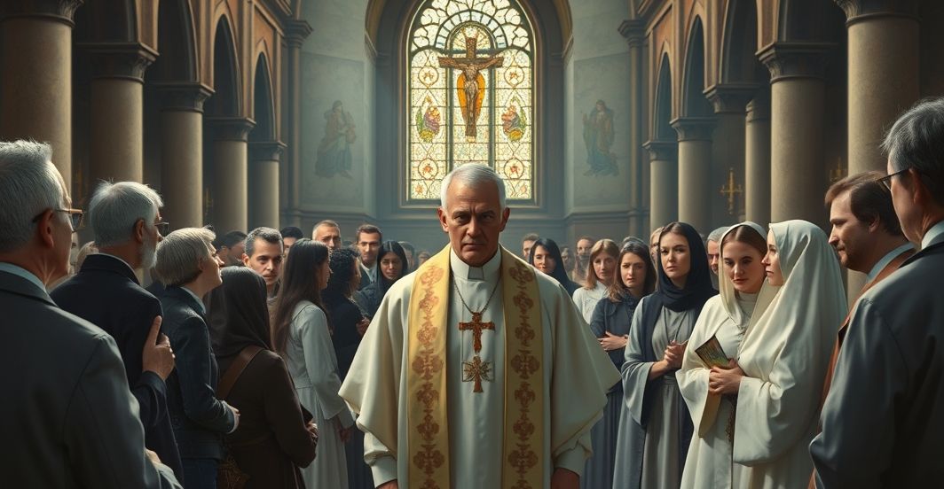 Reverentna scena katolicka w tradycyjnym kościele, ukazująca księdza i wiernych w poważnej modlitwie, symbolizująca krytykę nowoczesnych odchyleń od prawdziwej wiary katolickiej