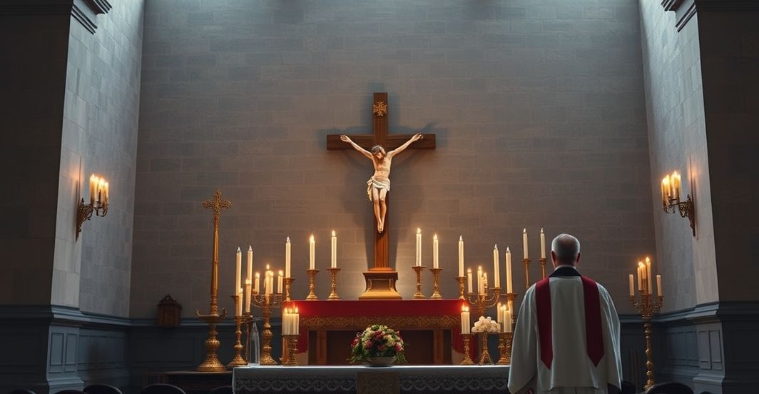 Reverentna scena katolickiego kapłana i ołtarza, symbol prawdziwego męczeństwa Reverentna scena katolickiego kapłana przy ołtarzu, symbolizująca prawdziwe męczeństwo i wiarę, w tradycyjnym stylu, bez surrealizmu