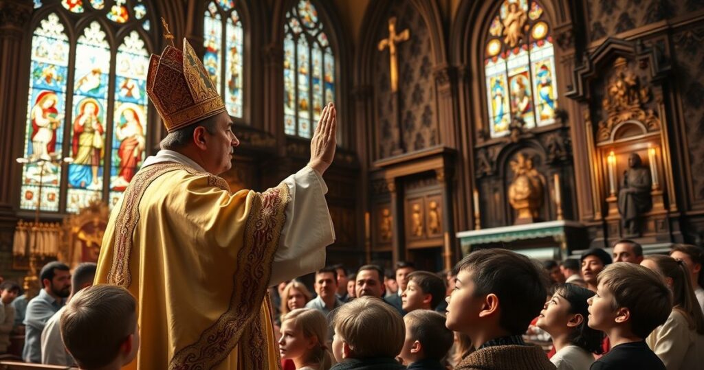 Zdjęcie realistycznej sceny katolickiej mszy świętej z kapłanem błogosławiącym dzieci w tradycyjnej liturgii, ukazujące powagę i duchowość, zgodne z katolicką ortodoksją