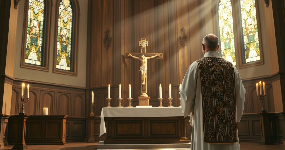 Rewersyjne, pełne szacunku zdjęcie katolickie z ołtarzem, krzyżem i kapłanem w szatach, symbolizujące wiarę i tradycję, idealne do wpisu blogowego o tematyce katolickiej z perspektywy sedevacantistycznej.