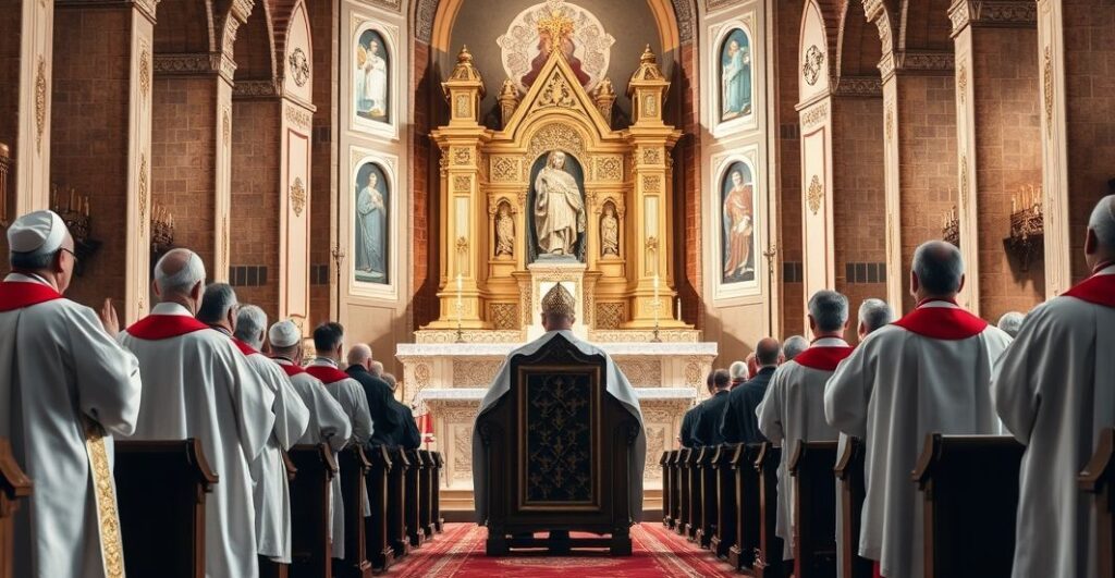 Sanktuarium katolickie z duchownymi w tradycyjnych szatach, podkreślające władzę Chrystusa Króla i liturgiczną powagę