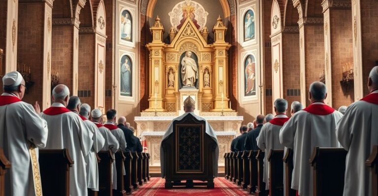 Sanktuarium katolickie z duchownymi w tradycyjnych szatach, podkreślające władzę Chrystusa Króla i liturgiczną powagę