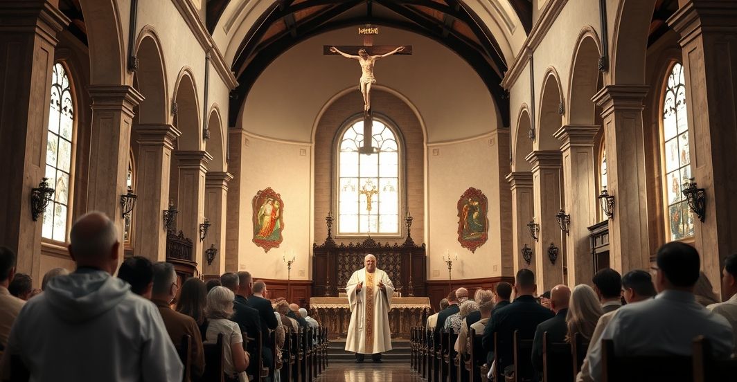 Tradycyjna katolicka scena w kościele, kapłan z krzyżem, wierni, symbolizująca duchową degradację i potrzebę prawdziwego Królestwa Chrystusa