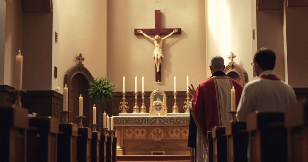 Scena kościelna z ołtarzem, krzyżem i kapłanem modlącym się w tradycyjnym katolickim kościele, symbolizująca oddanie Chrystusowi Królowi.