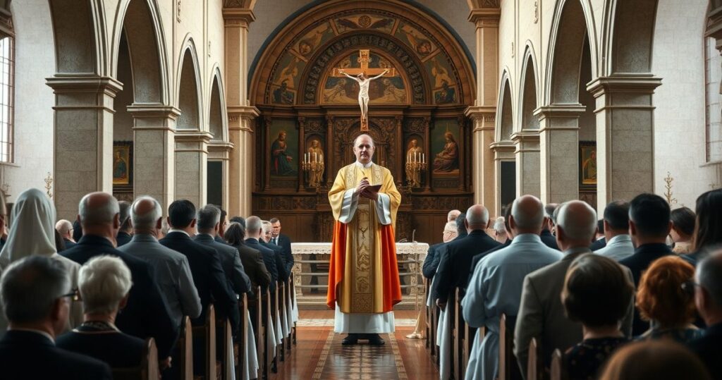 Zdjęcie realistyczne, pełne szacunku scena kościelna z kapłanami i wiernymi w liturgicznym skupieniu, odzwierciedlające katolicką pobożność i krytykę nowoczesnych odchyleń