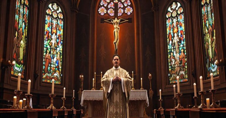 Reverent scene w kościele z kapłanem, modlącym się przy ołtarzu, ukazującym moralną powagę i duchowe zobowiązanie wobec sprawiedliwości Bożej w kontekście trudnych kwestii reparacji