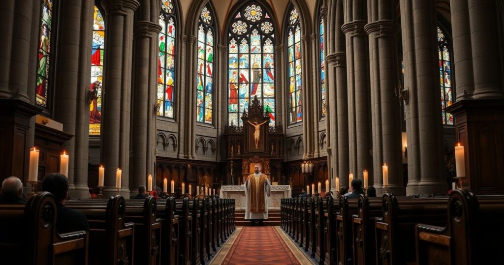 Obraz realistycznej, pełnej szacunku sceny liturgicznej w tradycyjnej katolickiej świątyni, ukazujący kapłana podczas Mszy, symbolizujący autentyczną wiarę i sprzeciw wobec modernistycznych nadużyć.