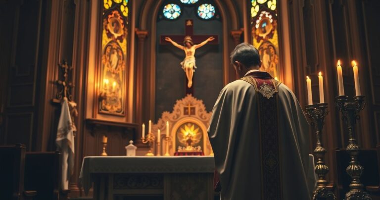 Religijna scena katolicka z kapłanem modlącym się przed Eucharystią w tradycyjnym kościele, z krucyfiksem i świecami, ukazująca głęboką pobożność i oddanie Bogu.