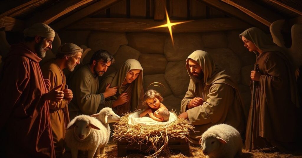 Tradycyjna scenka Bożego Narodzenia z Świętą Rodziną i pasterzami w stabilcu w Betlejem, symbolizująca tajemnicę Wcielenia.