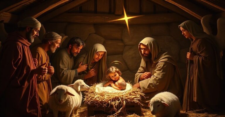 Tradycyjna scenka Bożego Narodzenia z Świętą Rodziną i pasterzami w stabilcu w Betlejem, symbolizująca tajemnicę Wcielenia.