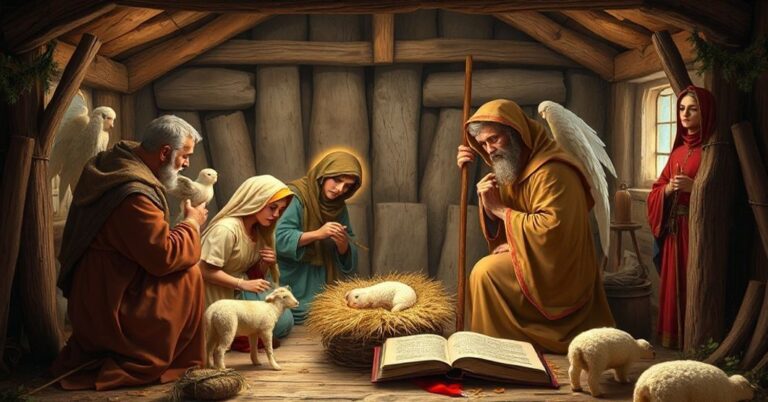 Tradycyjna katolicka scenka Bożego Narodzenia z Świętą Rodziną w stajence, otoczona pasterzami i aniołami.