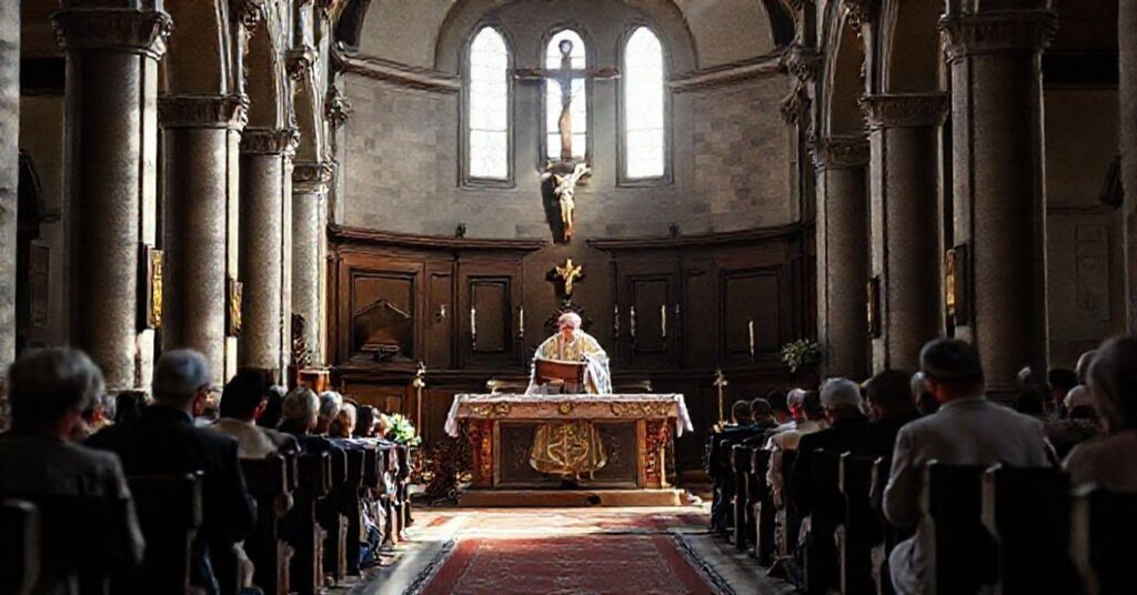 Tradycyjny katolicki ołtarz z księdzem czytającym Biblię w historycznej kościele otoczony wiernymi na kolanach