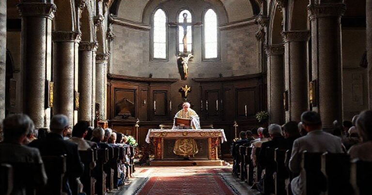 Tradycyjny katolicki ołtarz z księdzem czytającym Biblię w historycznej kościele otoczony wiernymi na kolanach