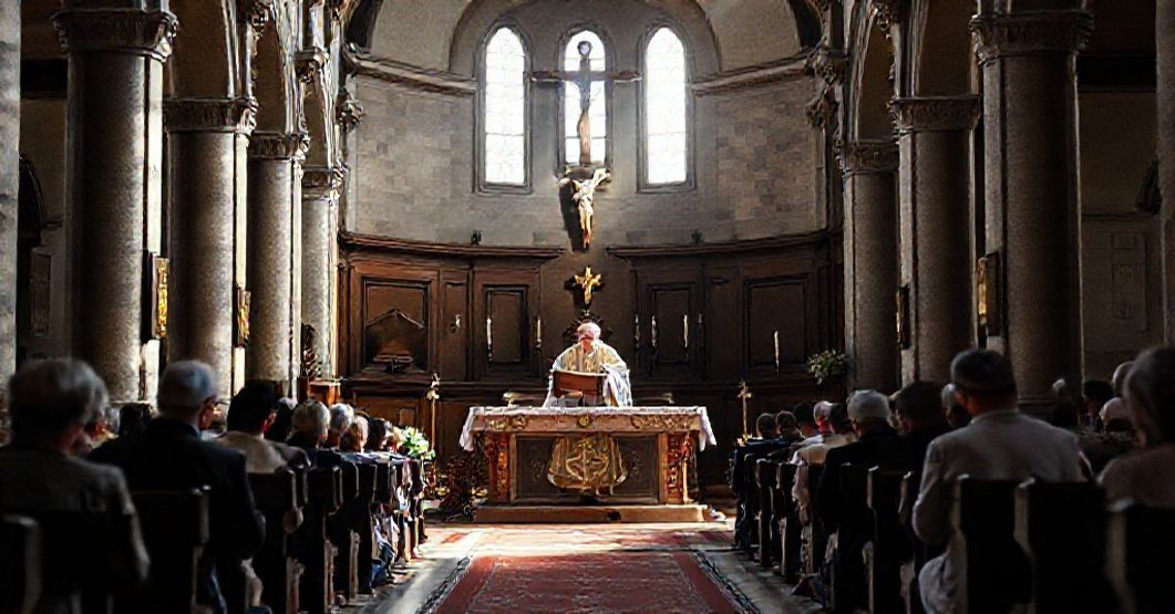 Tradycyjny katolicki ołtarz z księdzem czytającym Biblię w historycznej kościele otoczony wiernymi na kolanach