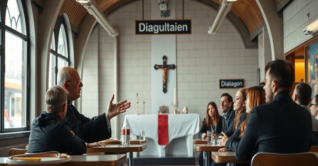 Scena spotkania "biskupa" Macieja Małygi z wiernymi podczas schizmatyckiego synodu we Wrocławiu. Tło przedstawia nowoczesną kawiarnię na dworcu z modernistycznym wystrojem i nieobecnością prawdziwego liturgicznego sakramentu.