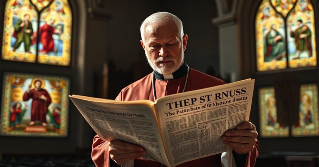 Tradycyjny katolicki książ w pełnym strojłu liturgicznym stoi w ciemnej kościele z witrażami przedstawiającymi św. Piotra i wczesny Kościół. Ksiądz trzyma otwartą Biblię, patrzący z troską na nagłówek gazety o schizmatycznych sporach między patriarchatami.