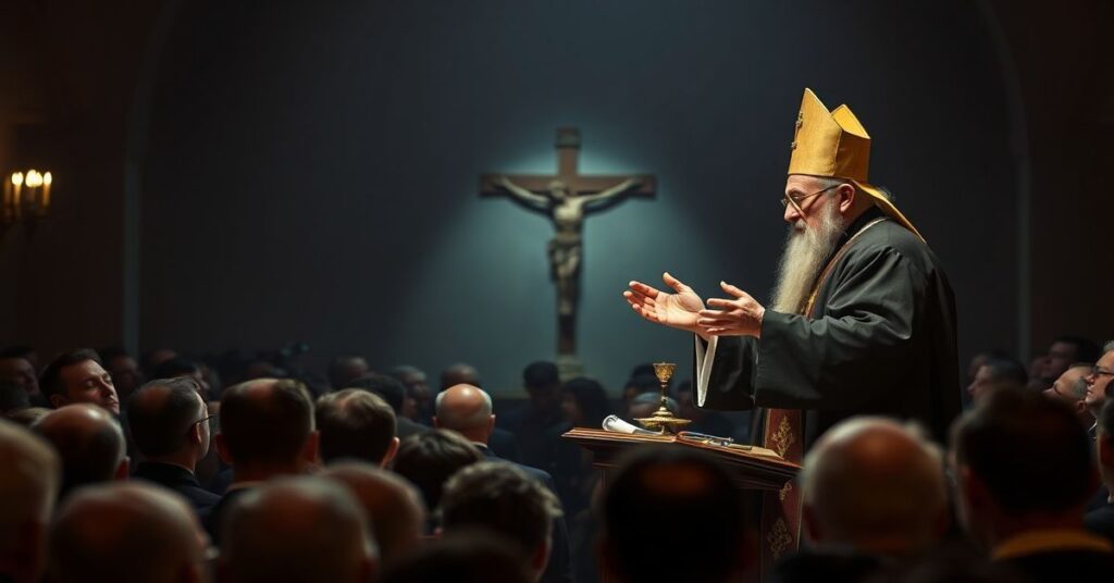 Scena w kościele posoborowym ze schizmatyckim prawosławnym 'biskupem' Jakubem głoszącym do zarządzających Kościołem