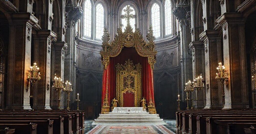 Wnętrze katedry na Wawelu z pustym tronem biskupim i baldachimem koronacyjnym, symbolizujące braku autentycznej sukcesji apostolskiej podczas schizmetycznej 'instalacji' 'kardynała' Grzegorza Rysia.